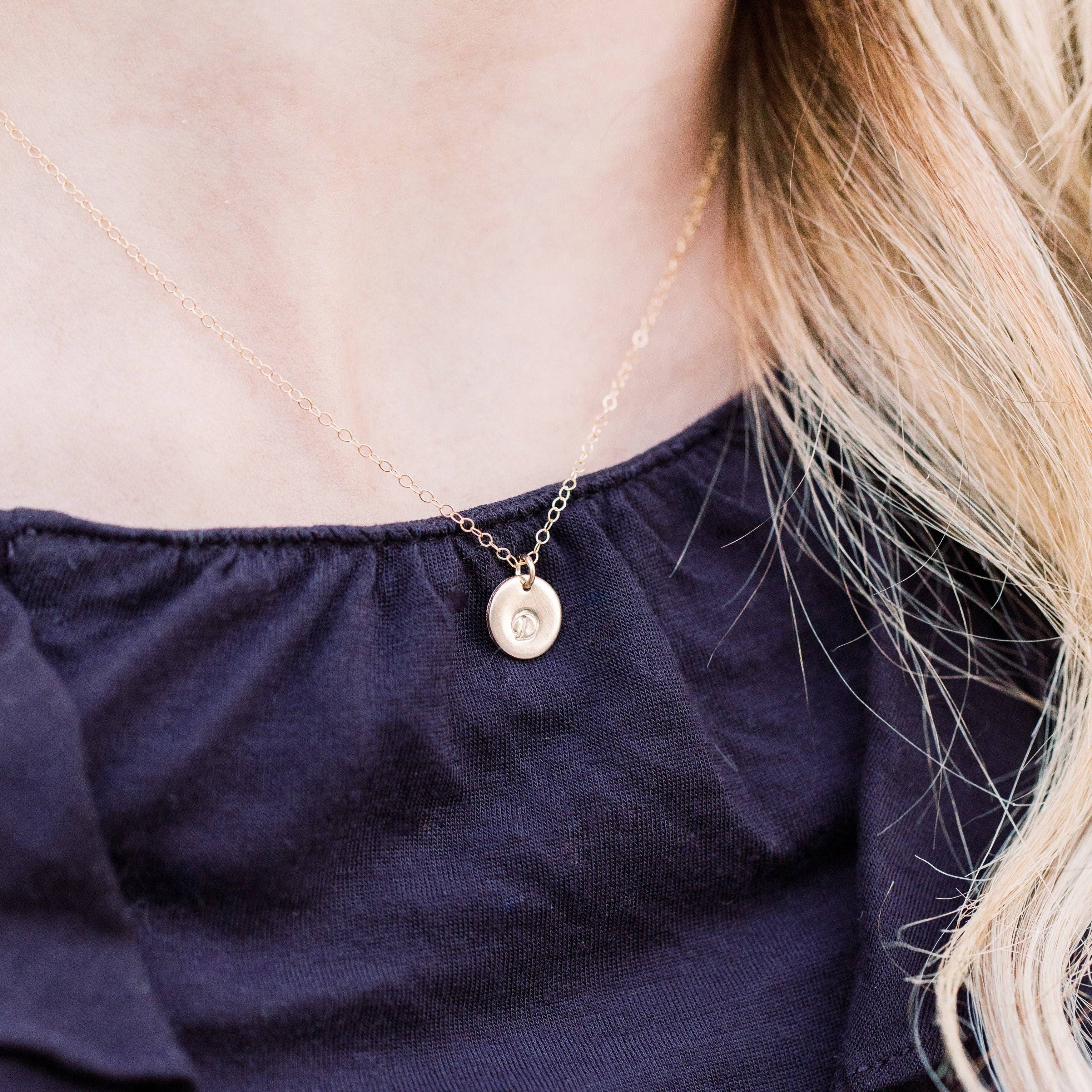 3/8" Personalized Disc Necklace by Barberry & Lace Jewelry in gold, featuring a delicate custom-engraved charm on a fine chain, ideal for daily wear.