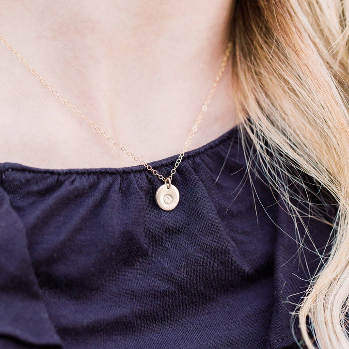 3/8" Personalized Disc Necklace by Barberry & Lace Jewelry in gold, featuring a delicate custom-engraved charm on a fine chain, ideal for daily wear.