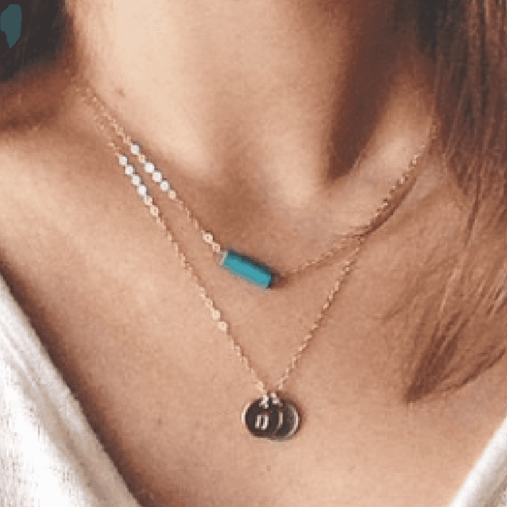 Dainty Turquoise Tube Necklace by Barberry & Lace Jewelry featuring a minimalist turquoise bar pendant on a delicate gold chain, perfect for layering.