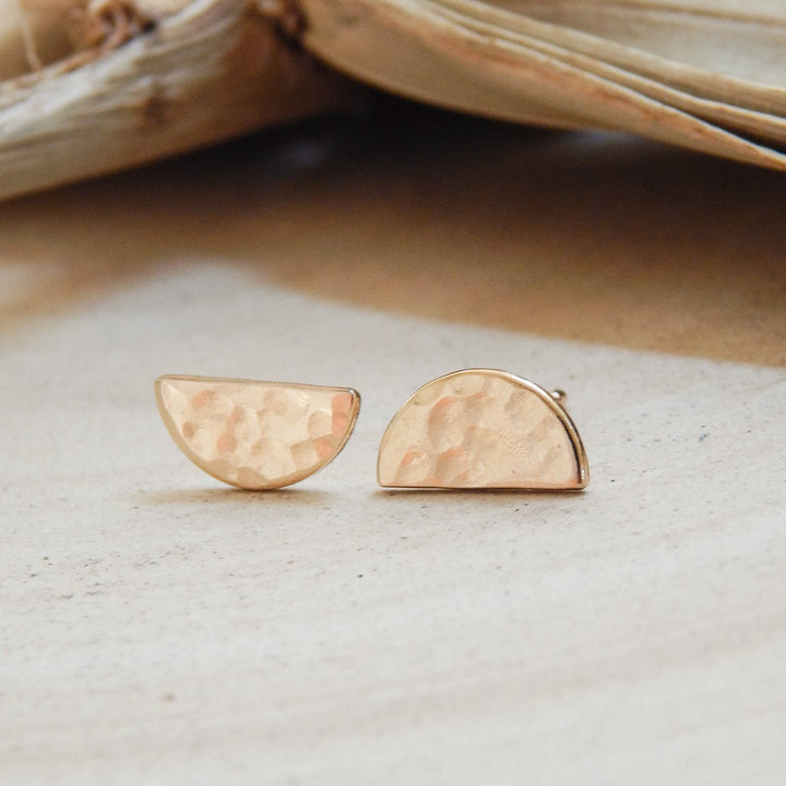 Half Circle Stud Earrings by Barberry & Lace Jewelry in hammered 14k gold fill, displayed on a neutral surface for minimalist style appeal.