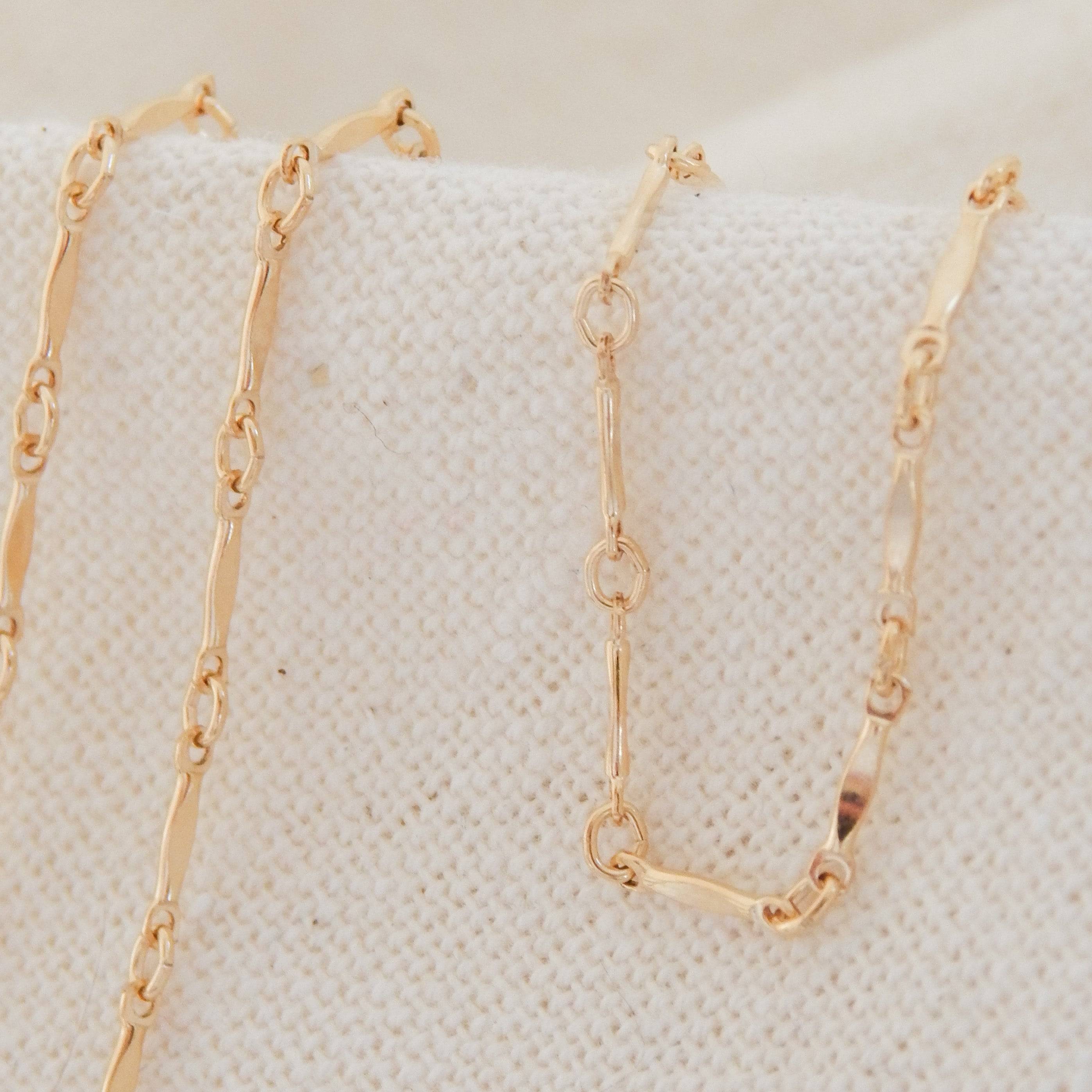 Layering Dainty Bar Necklace in 14k gold fill with delicate bar and link chain design, ideal for minimalist jewelry lovers and everyday wear.