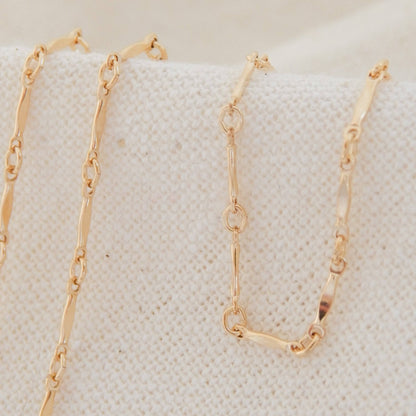 Layering Dainty Bar Necklace in 14k gold fill with delicate bar and link chain design, ideal for minimalist jewelry lovers and everyday wear.