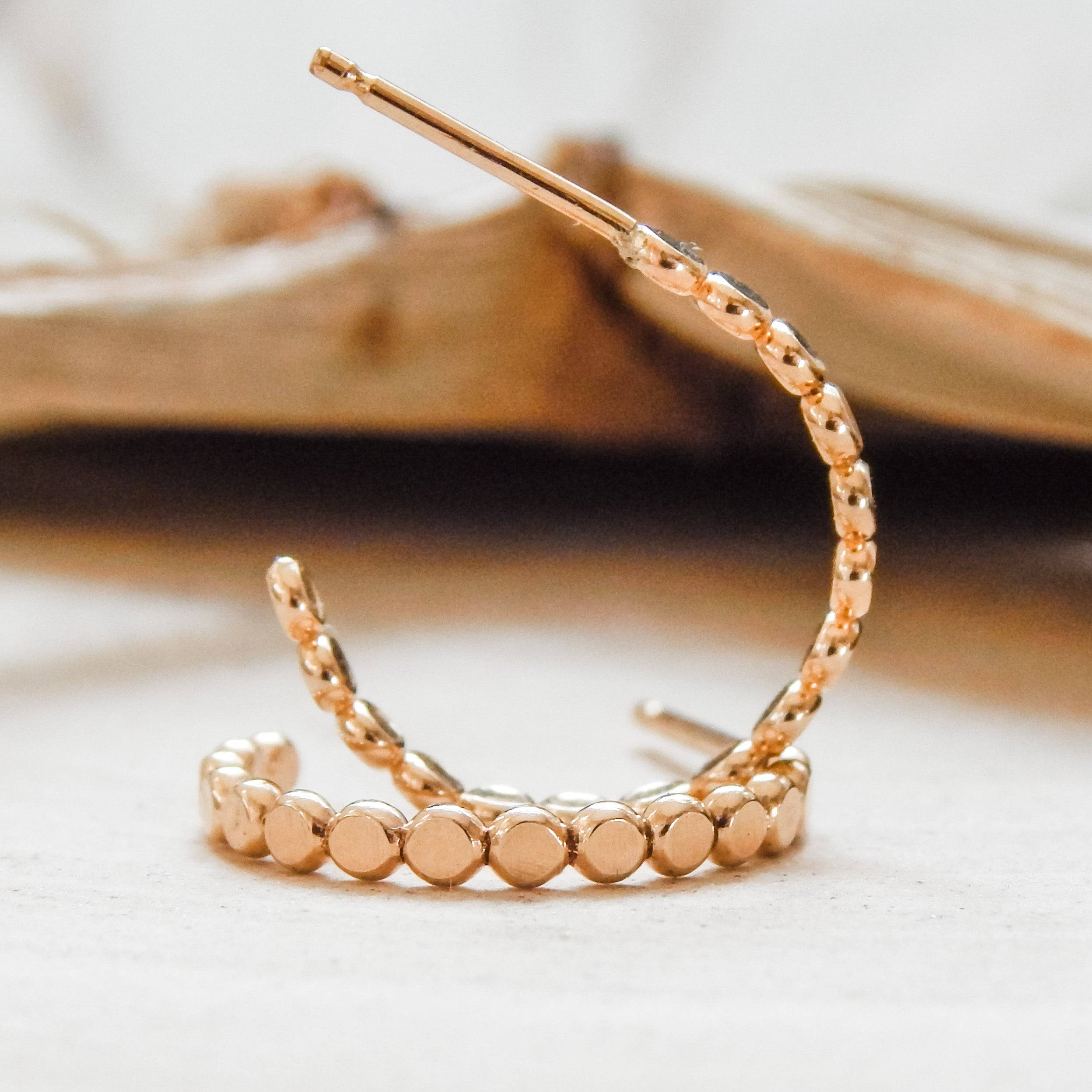 Barberry & Lace Pebble Hoop Stud Earrings in gold finish, showcasing textured round beads for a chic and elegant look.