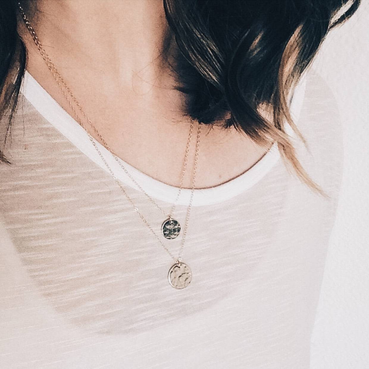 Layered Hammered Disc Necklaces styled on a woman, demonstrating the versatility and chic appeal of Barberry & Lace Jewelry.
